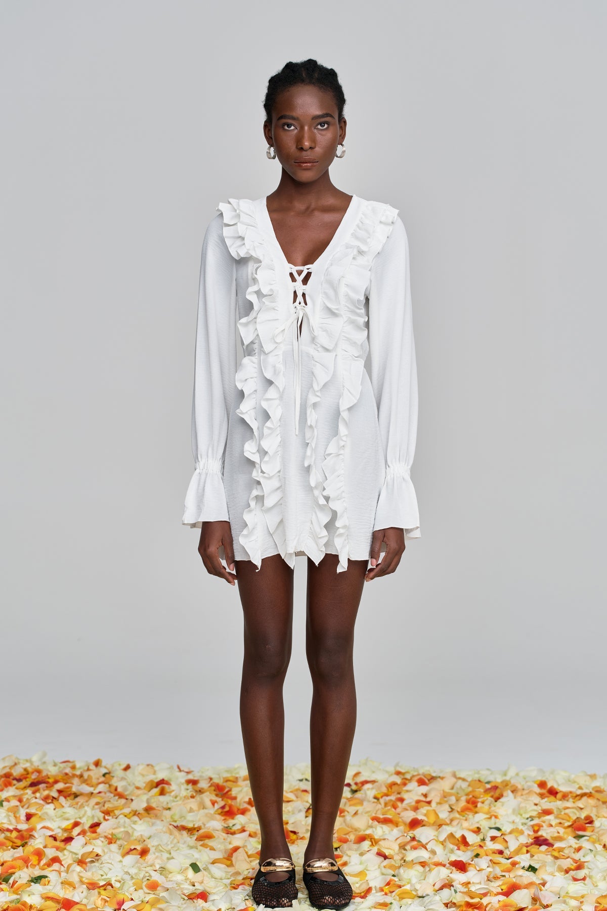 Amithi Ruffled Lace Plunge Mini Dress