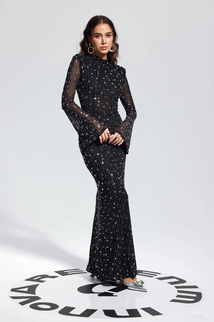 Rhinestone Süslemeli Örgü Midi Elbise