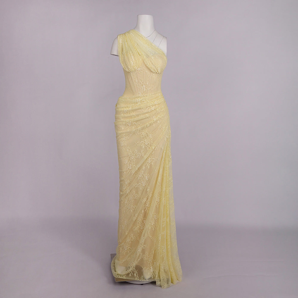 Melisande Tek Omuz Maxi Elbise-Sarı
