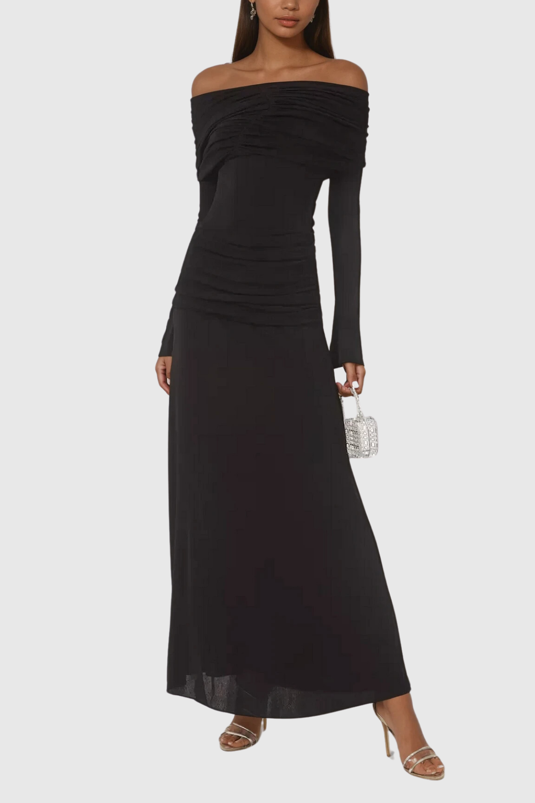 Anneke schulterfreies, gerafftes Maxikleid, Schwarz
