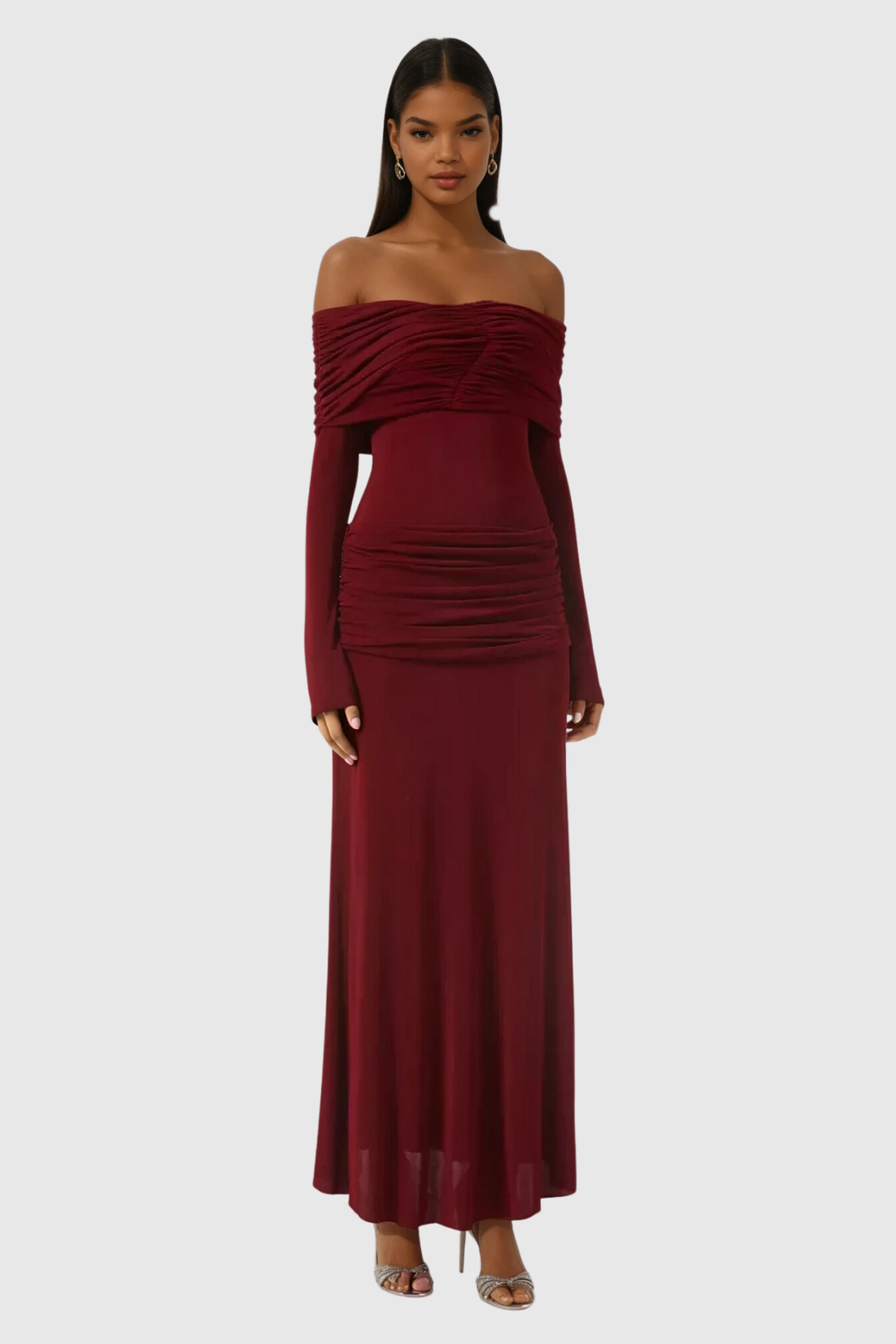 Anneke schulterfreies, gerafftes Maxikleid, Rot