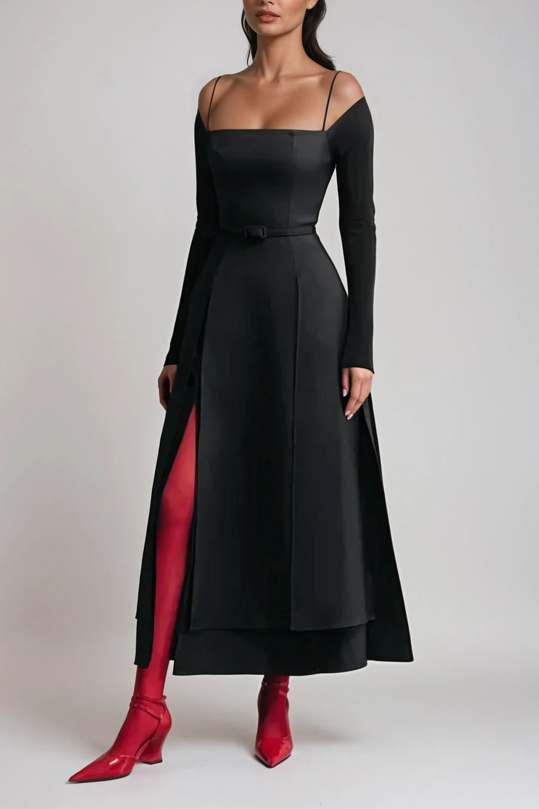Annelien Maxikleid aus Spitze mit Schlitz, Schwarz