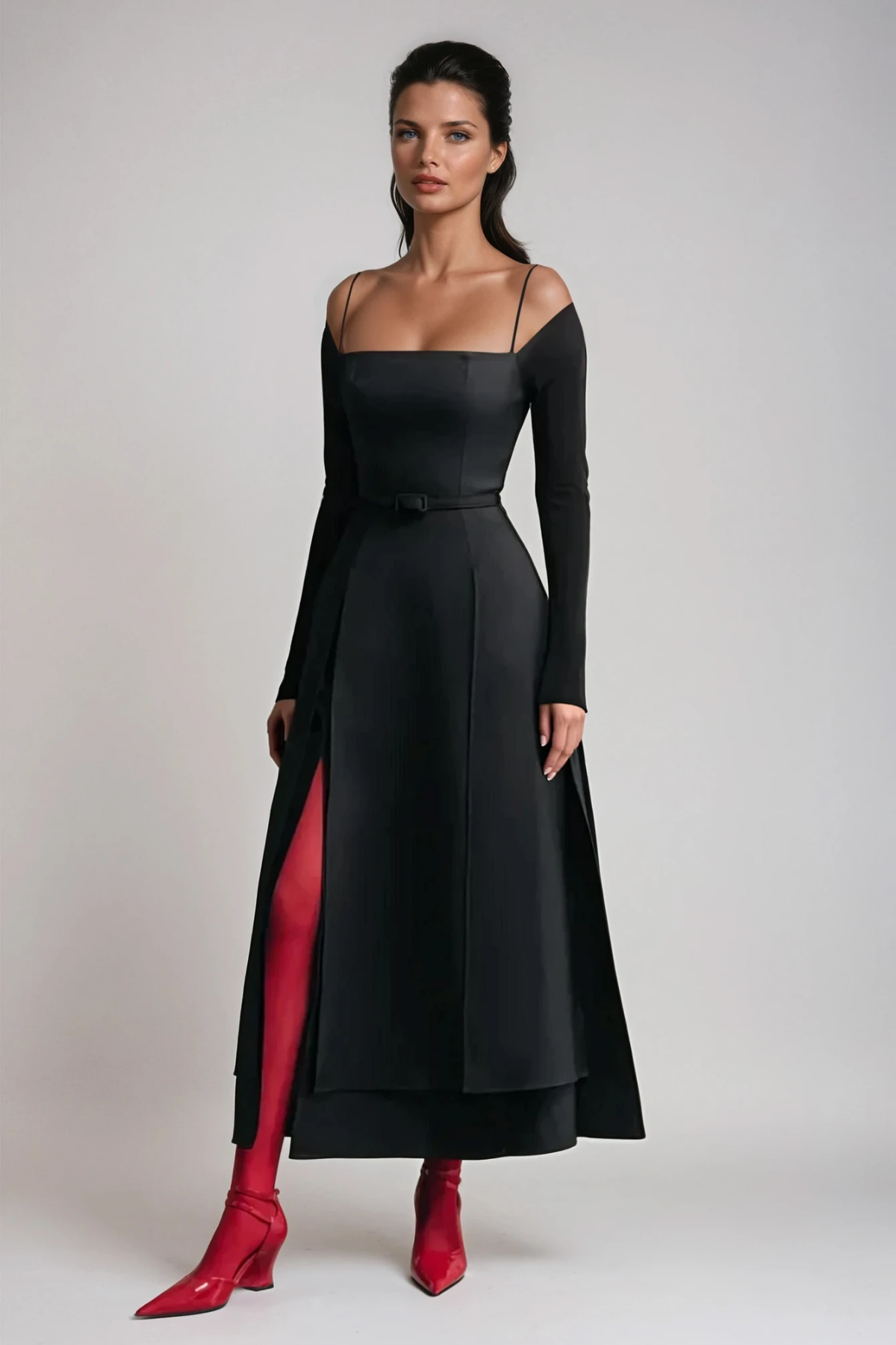 Annelien Maxikleid aus Spitze mit Schlitz, Schwarz