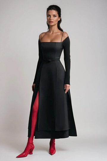 Annelien Maxikleid aus Spitze mit Schlitz, Schwarz