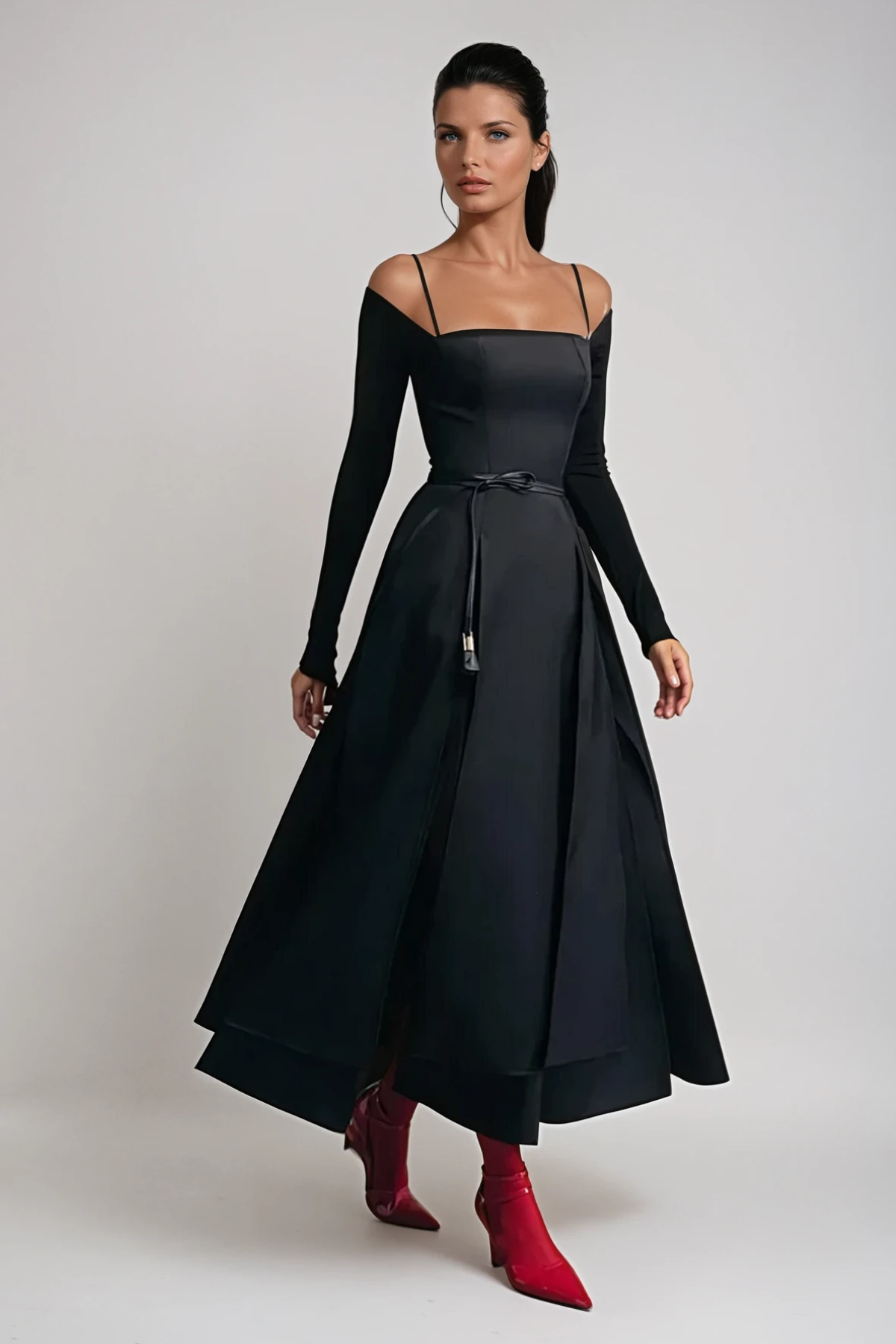 Annelien Maxikleid aus Spitze mit Schlitz, Schwarz