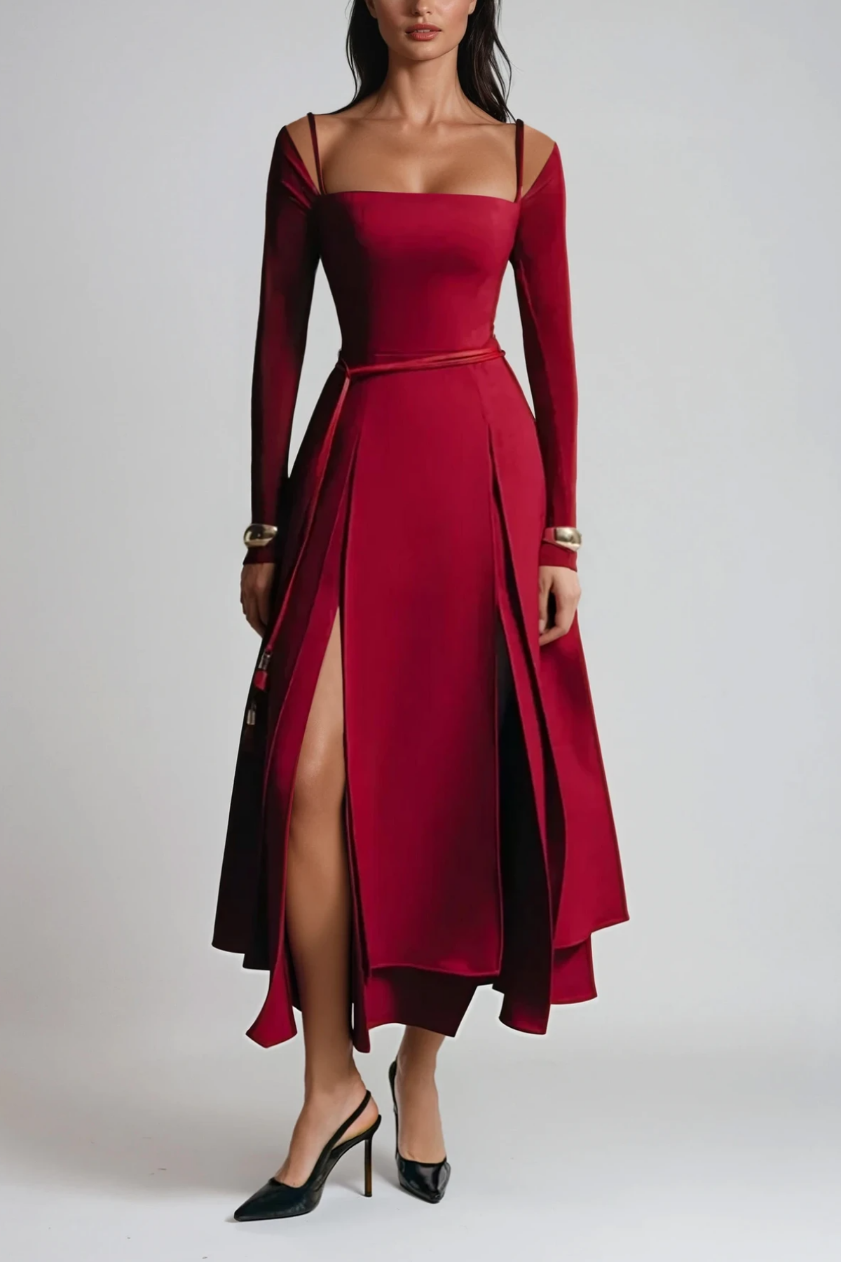Annelien Lace Maxi Dress with Slit, Red