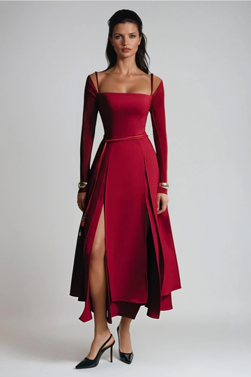 Annelien Lace Maxi Dress with Slit, Red