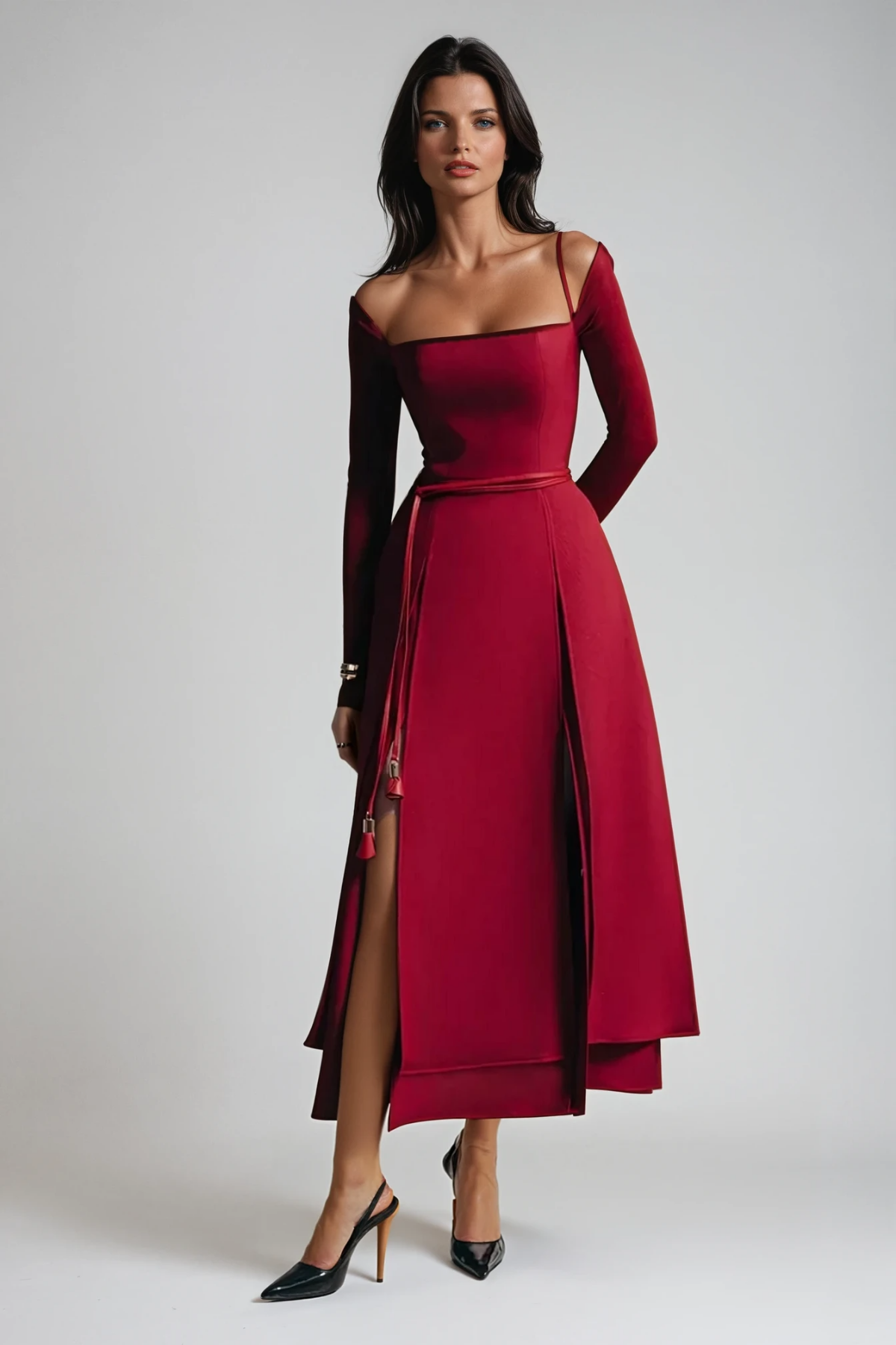 Annelien Lace Maxi Dress with Slit, Red