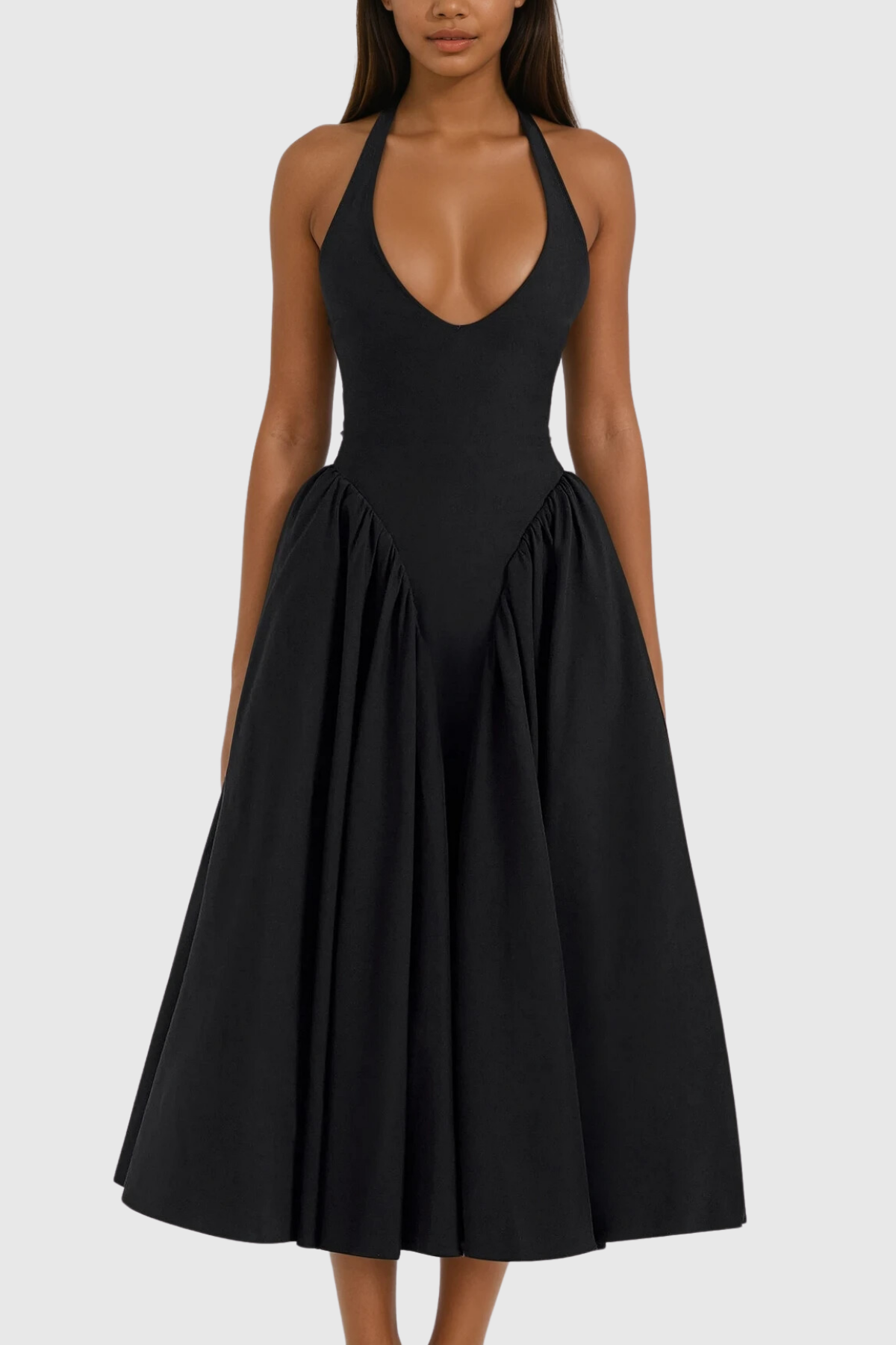 Annlea Halter Neck Bodycon Ruffled Maxi Dress Black