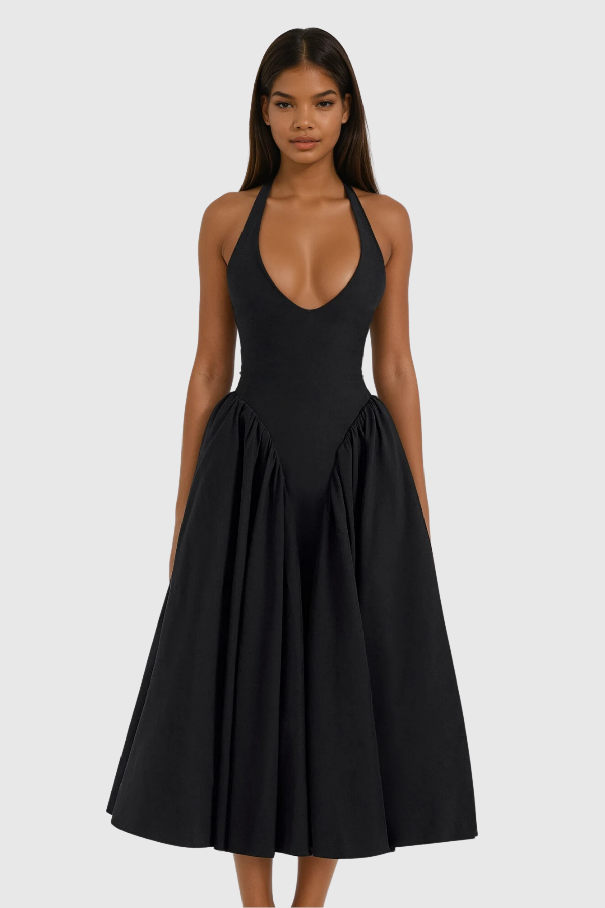 Annlea Halter Neck Bodycon Ruffled Maxi Dress Black