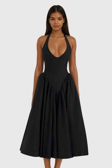 Annlea Halter Neck Bodycon Ruffled Maxi Dress Black