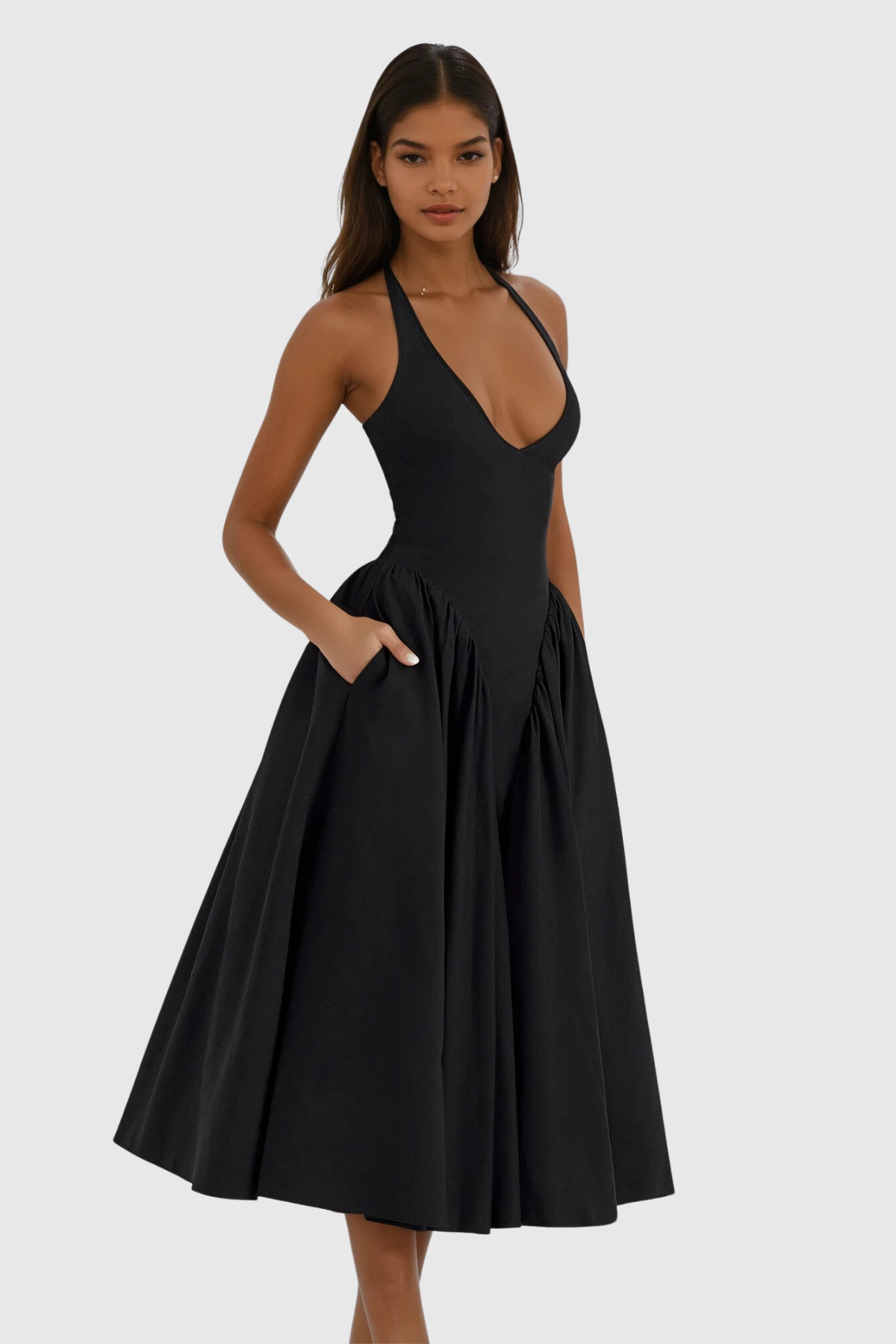 Annlea Halter Neck Bodycon Ruffled Maxi Dress Black
