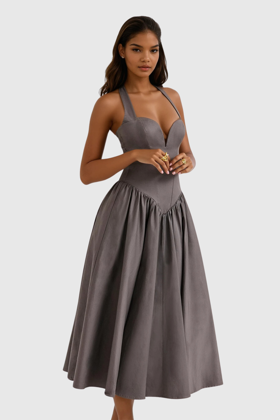 Annlea Neckholder-Maxikleid mit Rüschen, grau