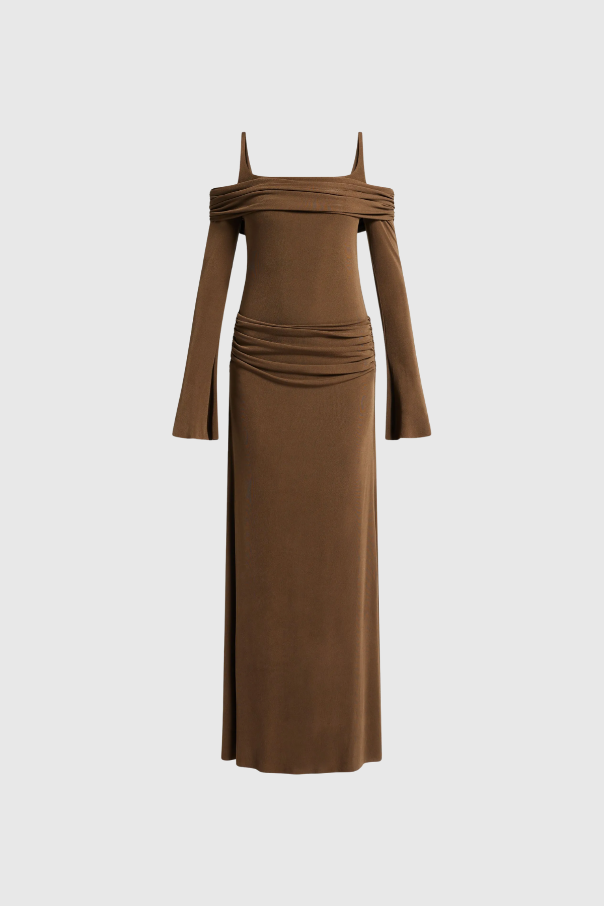 Annmarie schulterfreies, gerafftes Maxikleid, braun