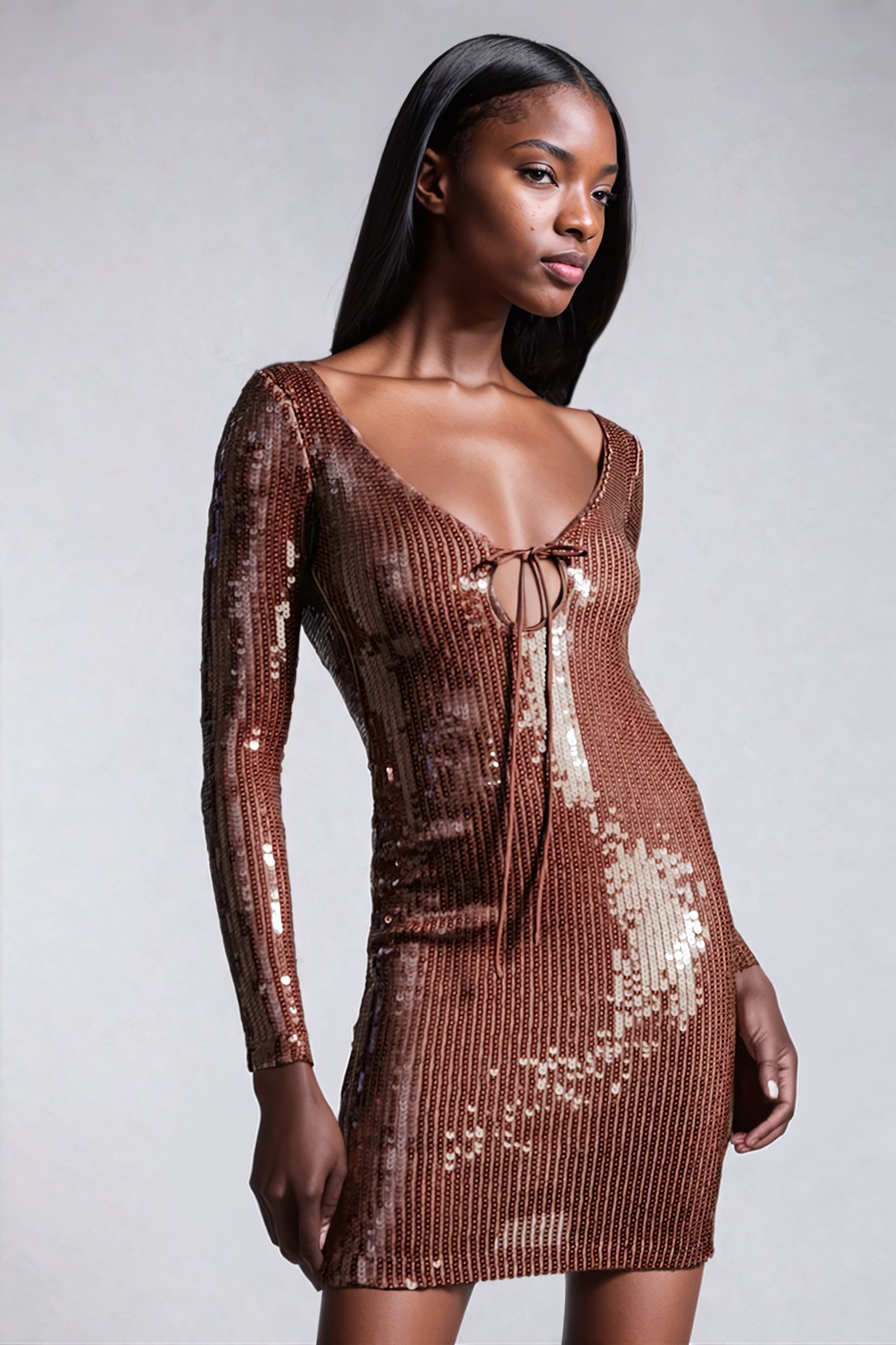 Aoibhe Long-Sleeved Sequin Mini Dress Brown