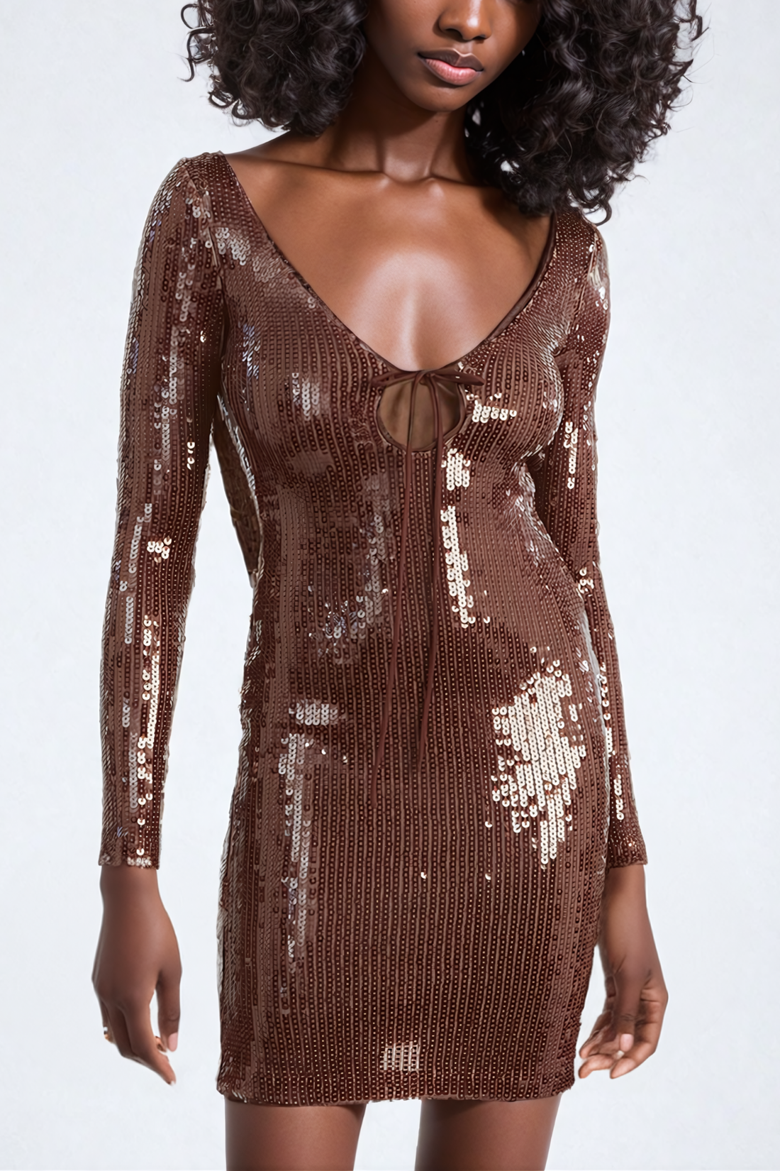 Aoibhe Long-Sleeved Sequin Mini Dress Brown