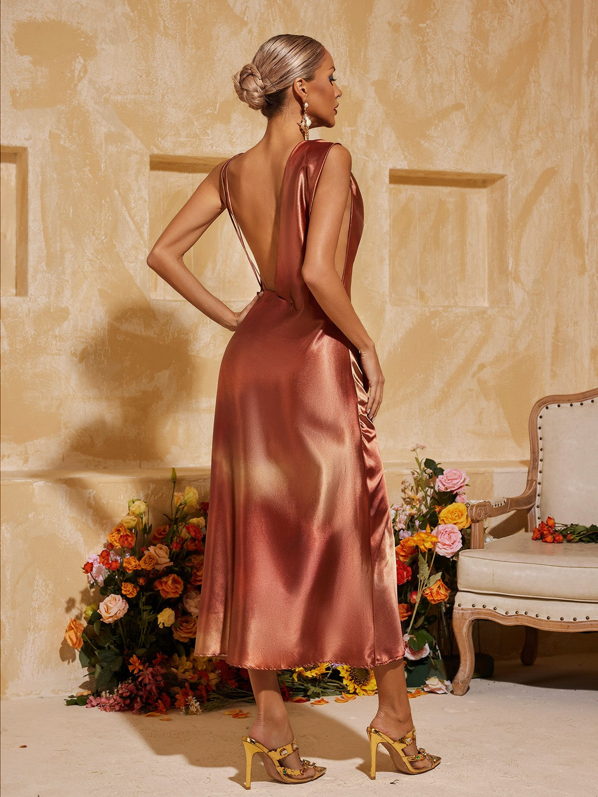 Aryndriel Sleeveless Ruched Neck Satin Midi Dress