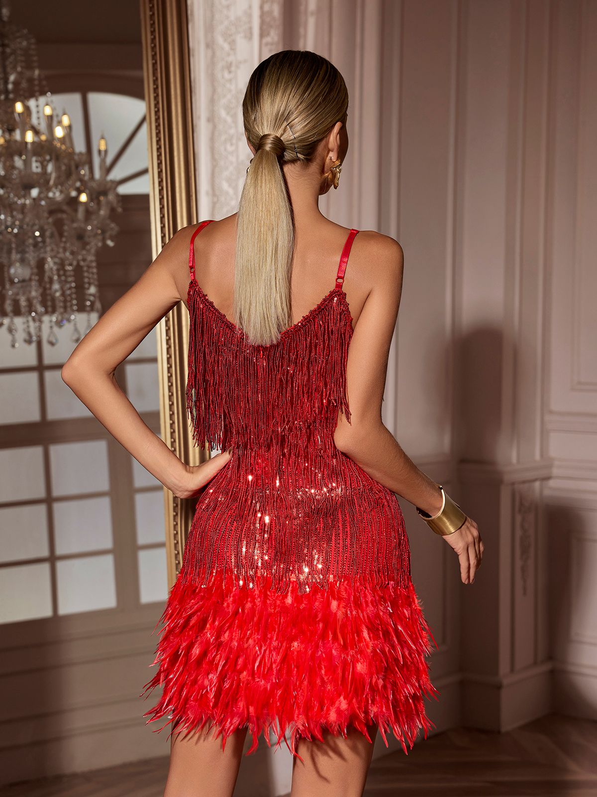 Austyn Tassel Feather Mini Dress Red 
