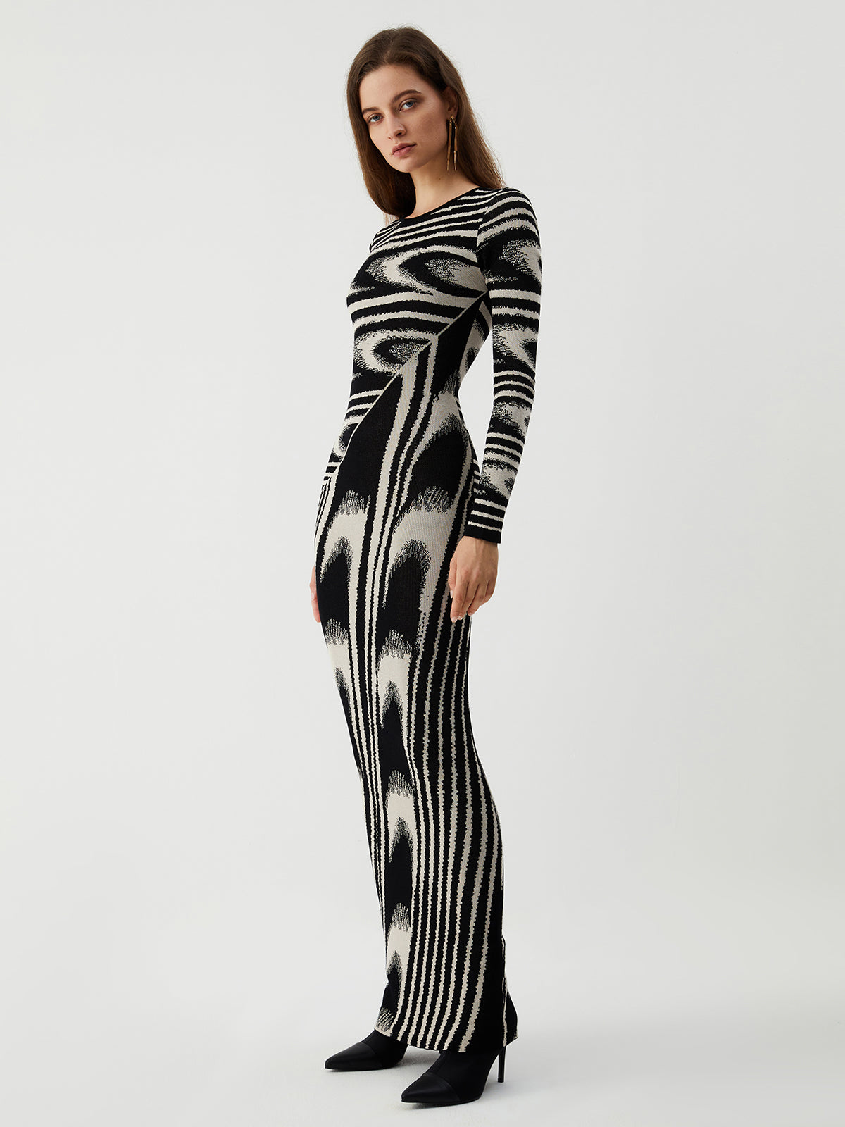 Zebra Desenli Uzun Kollu Örme Maxi Elbise