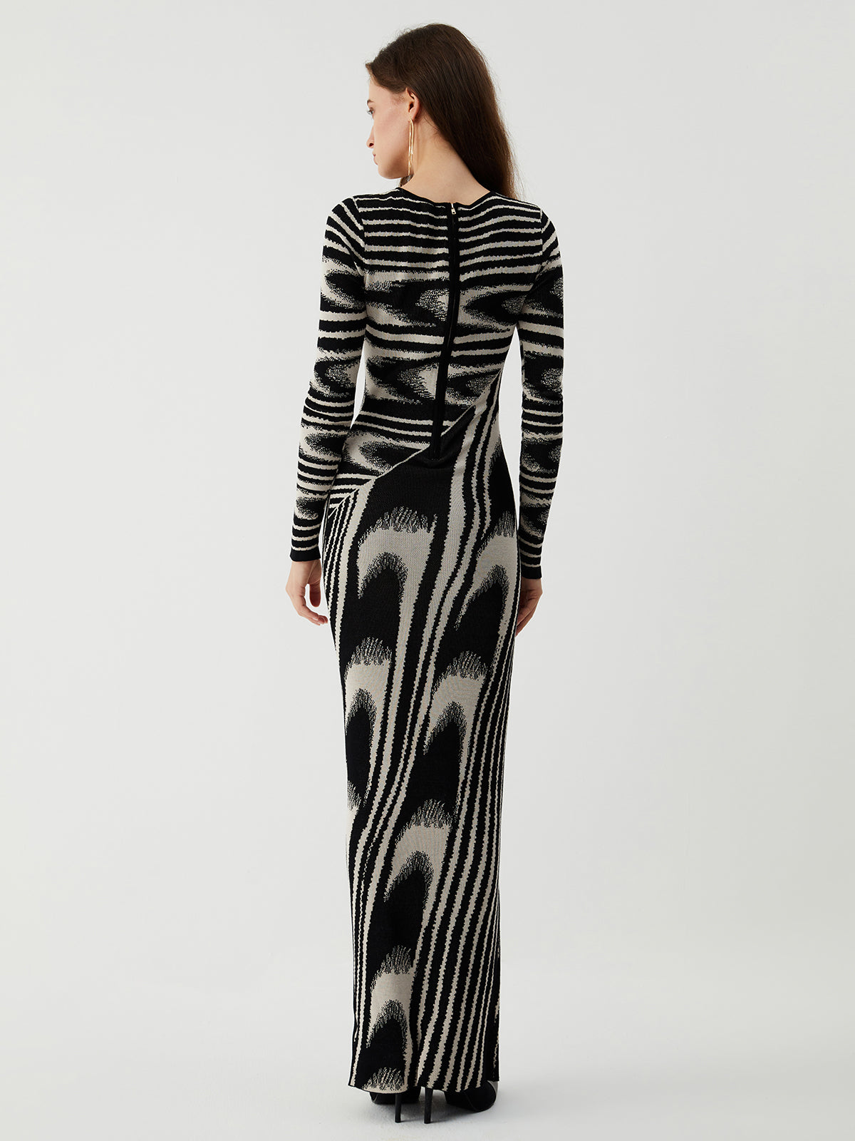 Zebra Desenli Uzun Kollu Örme Maxi Elbise