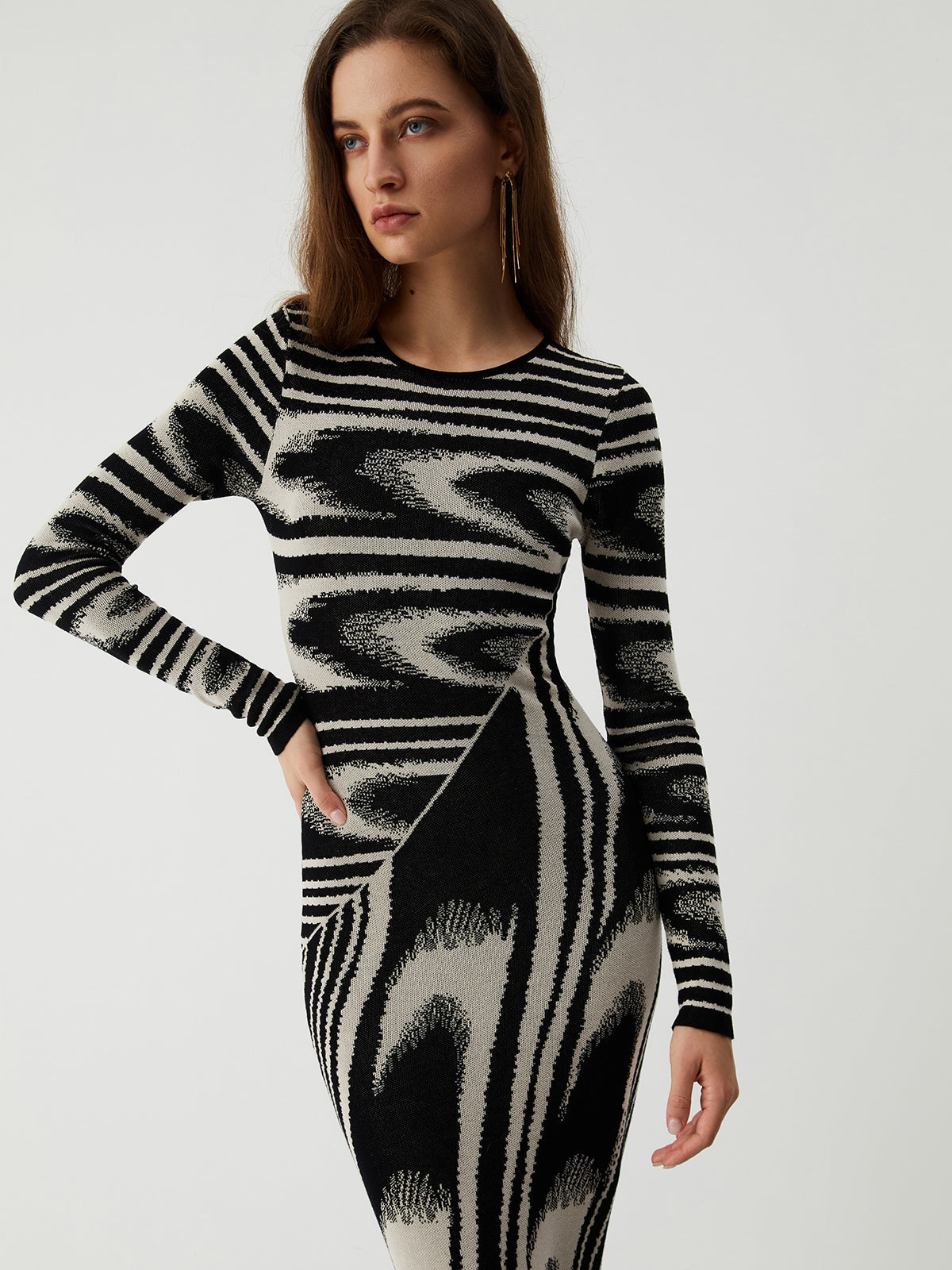 Zebra Desenli Uzun Kollu Örme Maxi Elbise