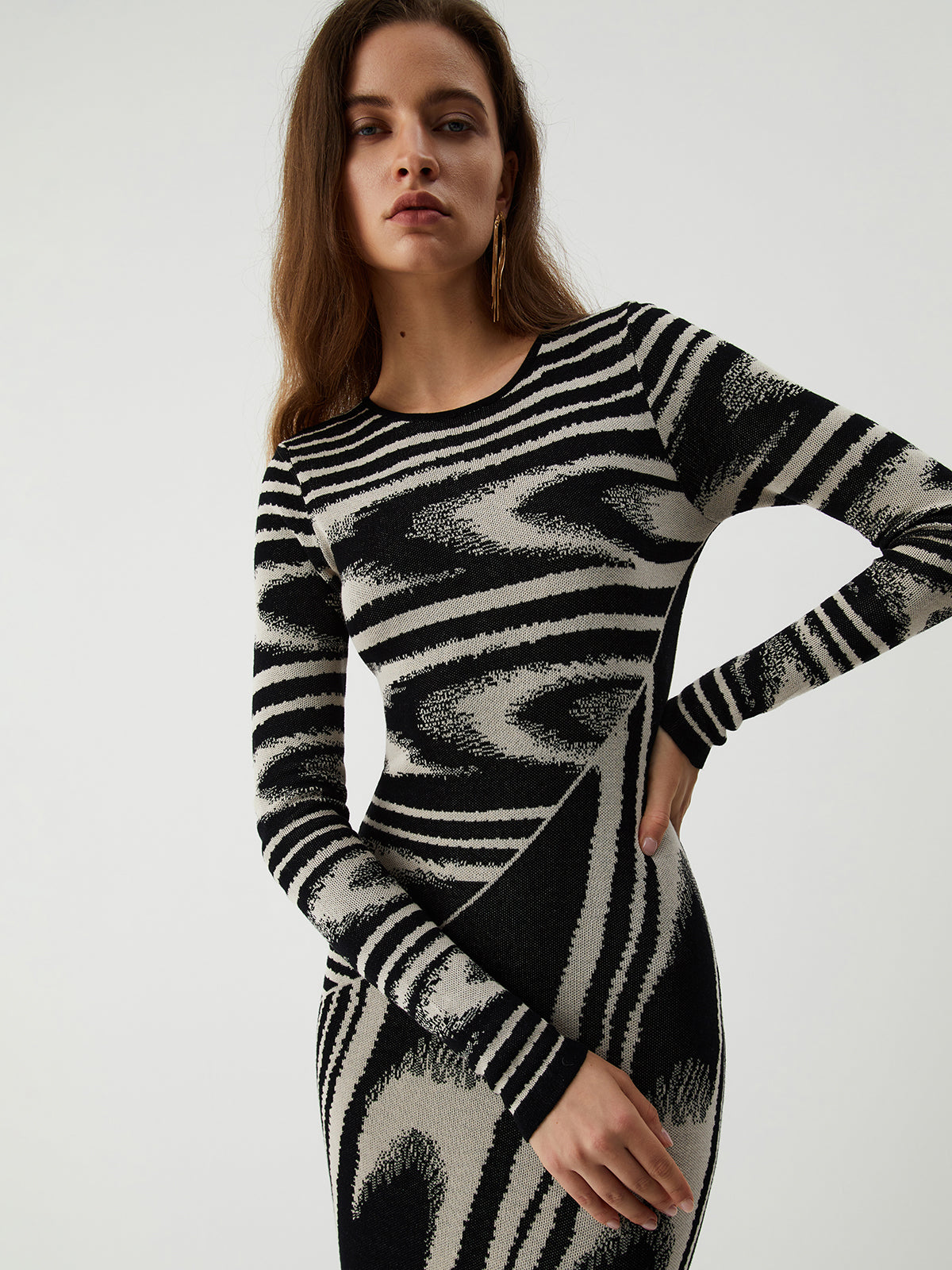 Zebra Desenli Uzun Kollu Örme Maxi Elbise