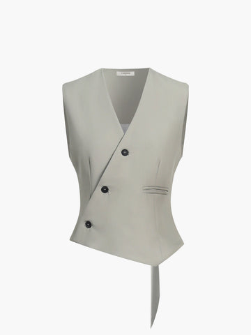 Asymmetrical Grey Green Buttoned Sleeveless Vest