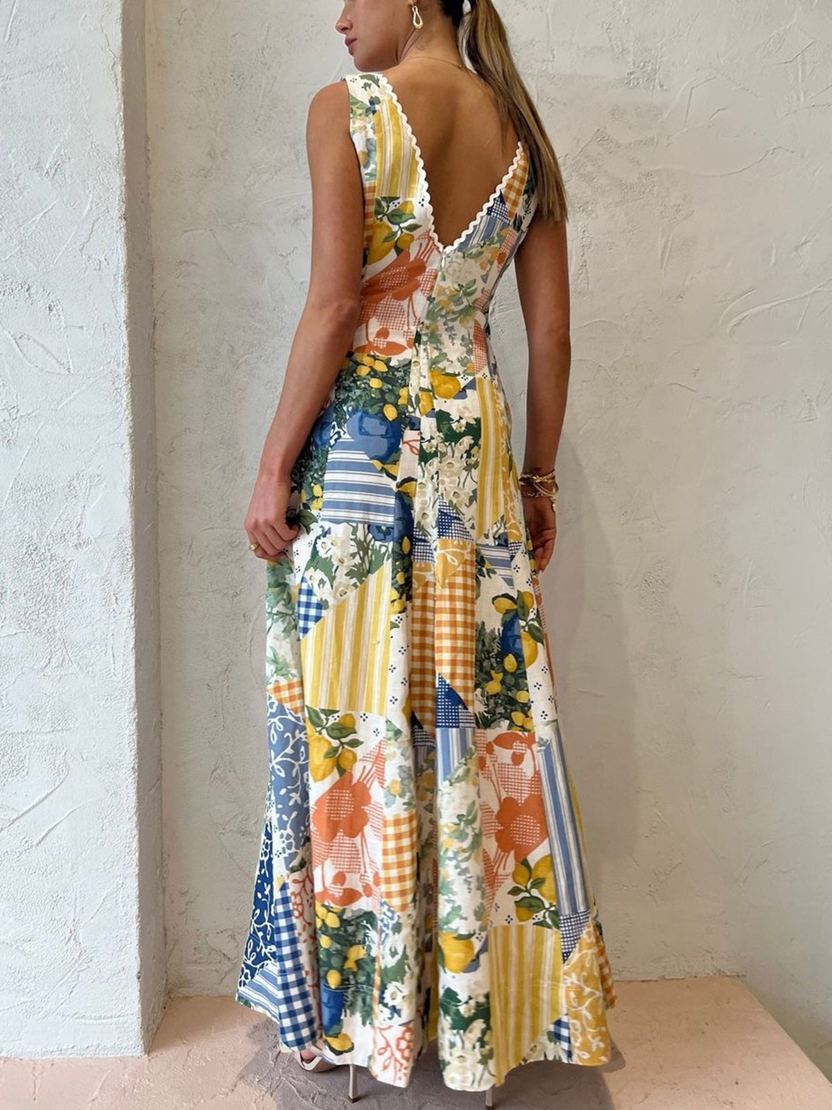 Lemonade Patterned Maxi Dress with Lace Trim
