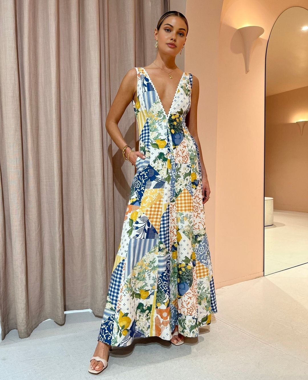 Lemonade Patterned Maxi Dress with Lace Trim