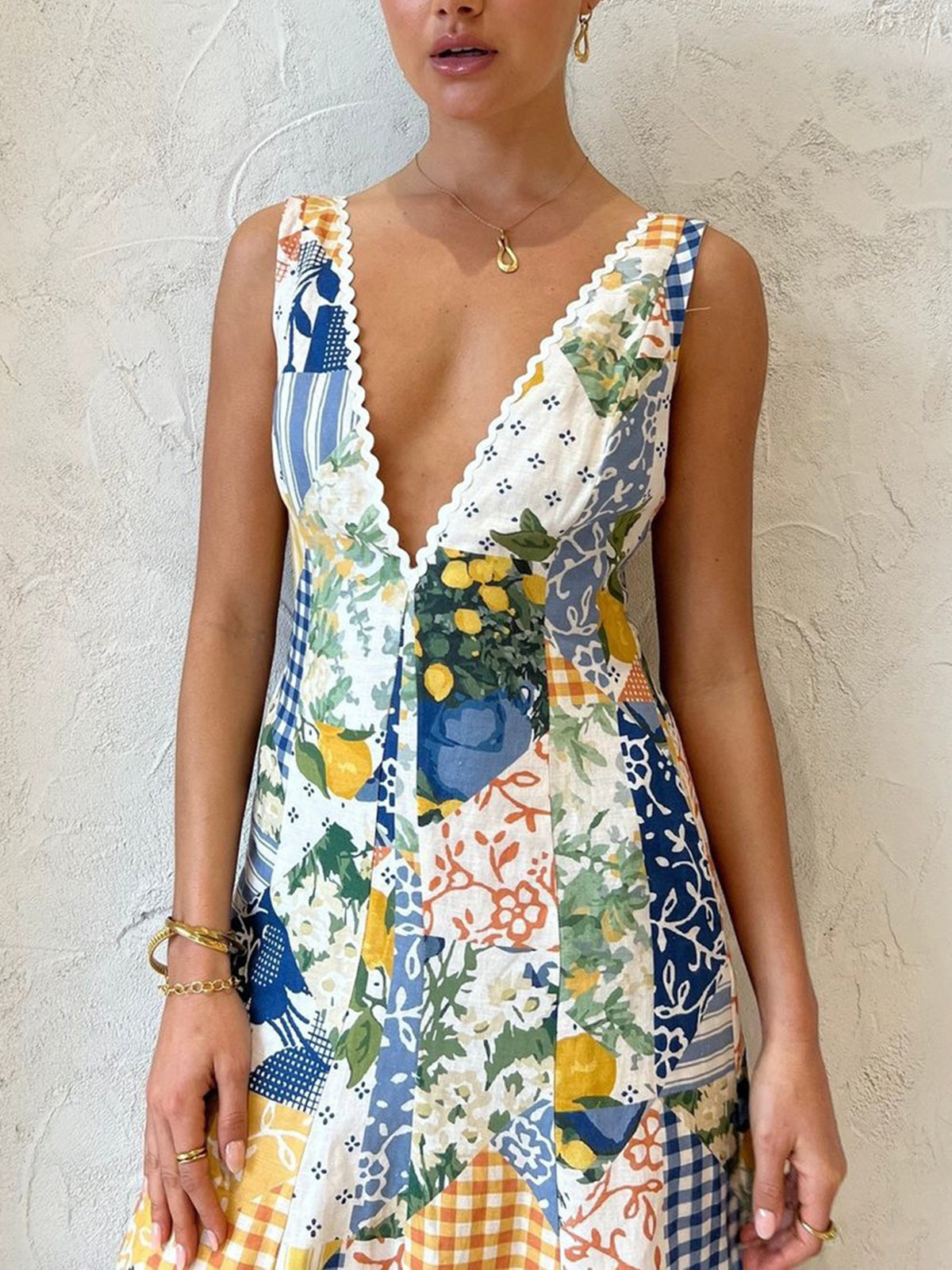 Lemonade Patterned Maxi Dress with Lace Trim