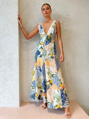 Lemonade Patterned Maxi Dress with Lace Trim