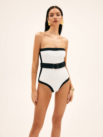 One-Piece Swimsuit with Contrast Tie Belt 