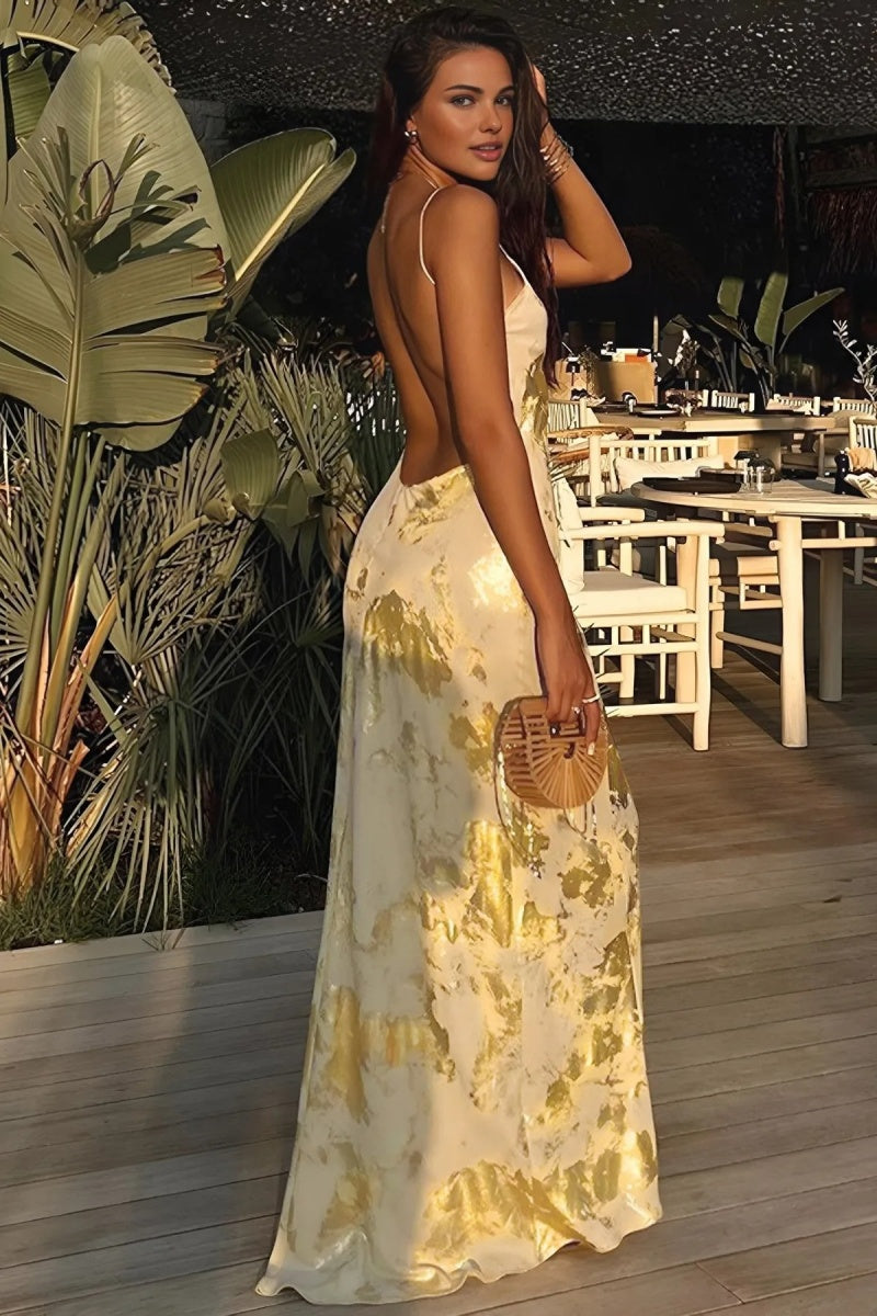 Altın Sırtı Açık Gece Tatili Kolsuz Uzun Elbise