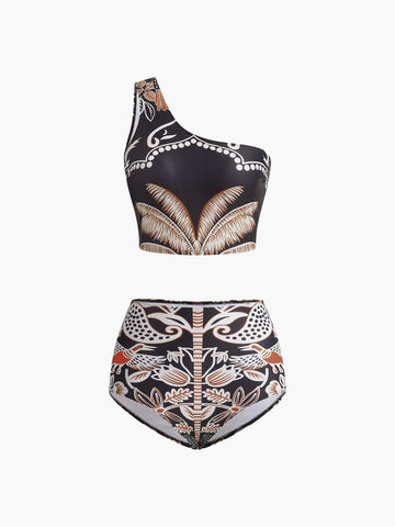 Printed One-Shoulder Bikini Set