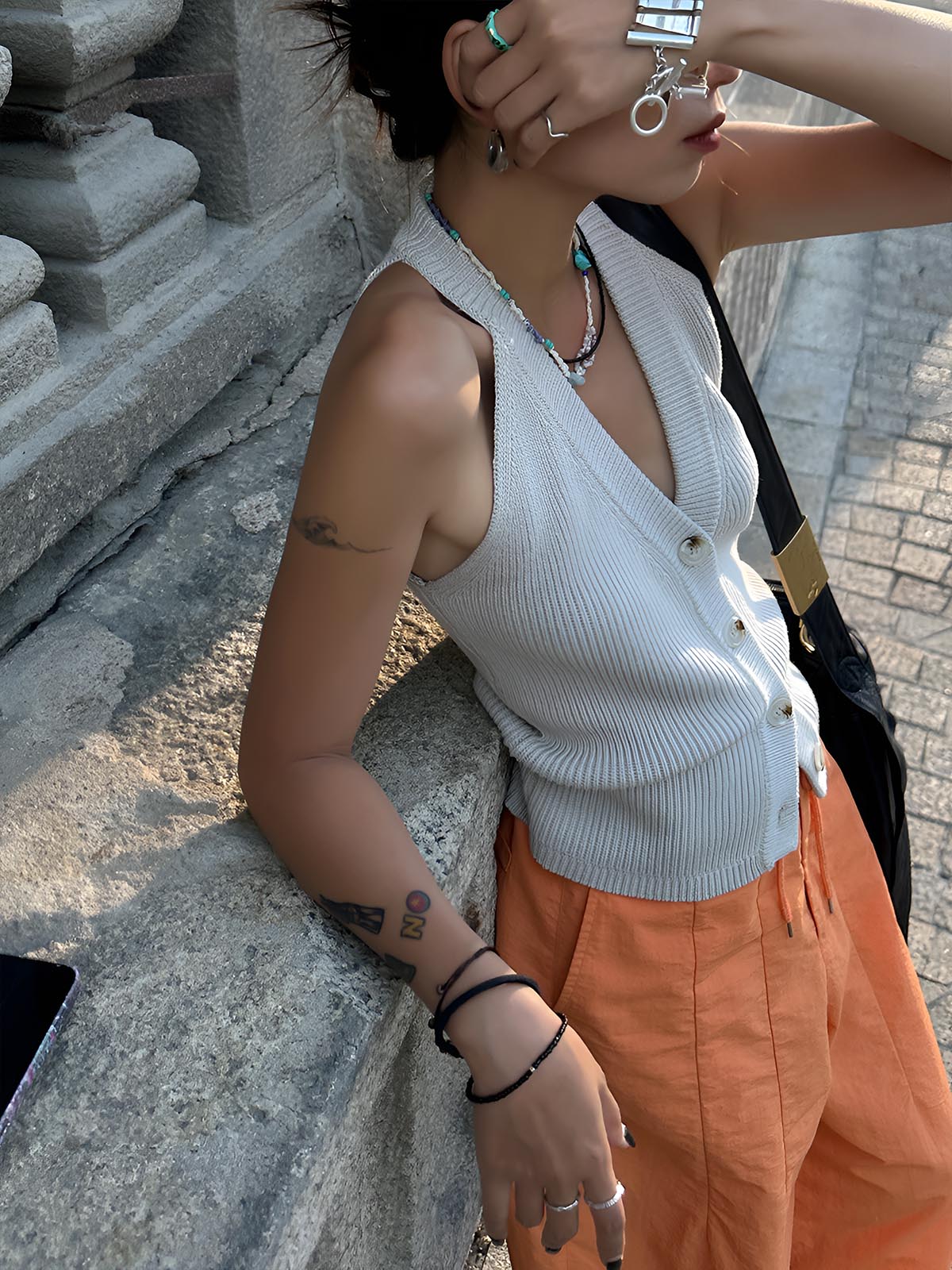 Buttoned V-Neck Knitted Vest