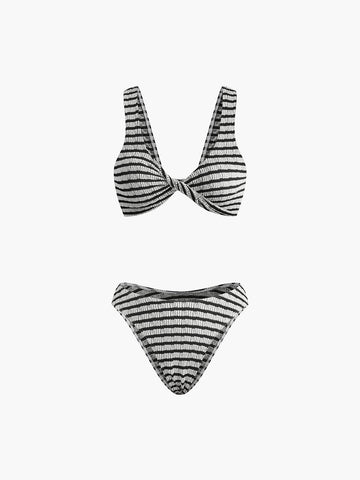 Geknotetes, gestreiftes Strick-Bikini-Set