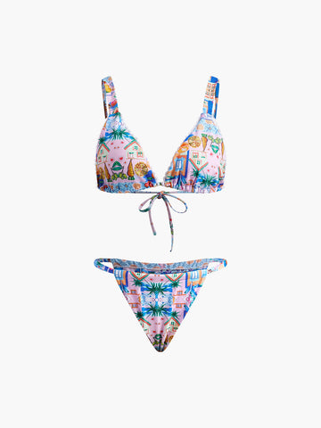 Printed Drawstring Adjustable Strap Bikini Set