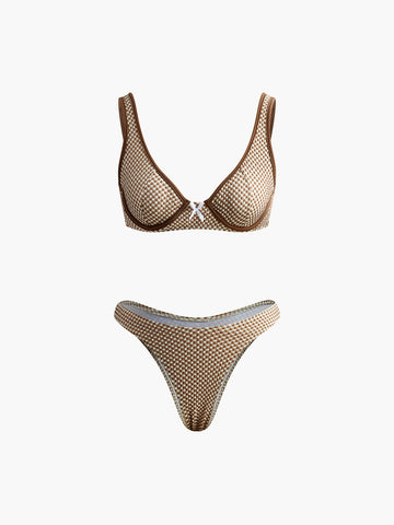 Contrasting Tie-Up Plaid Bikini Set