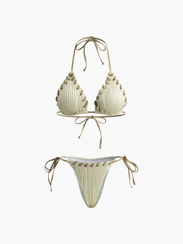 Grommet Lace-up Ruched Bikini Set