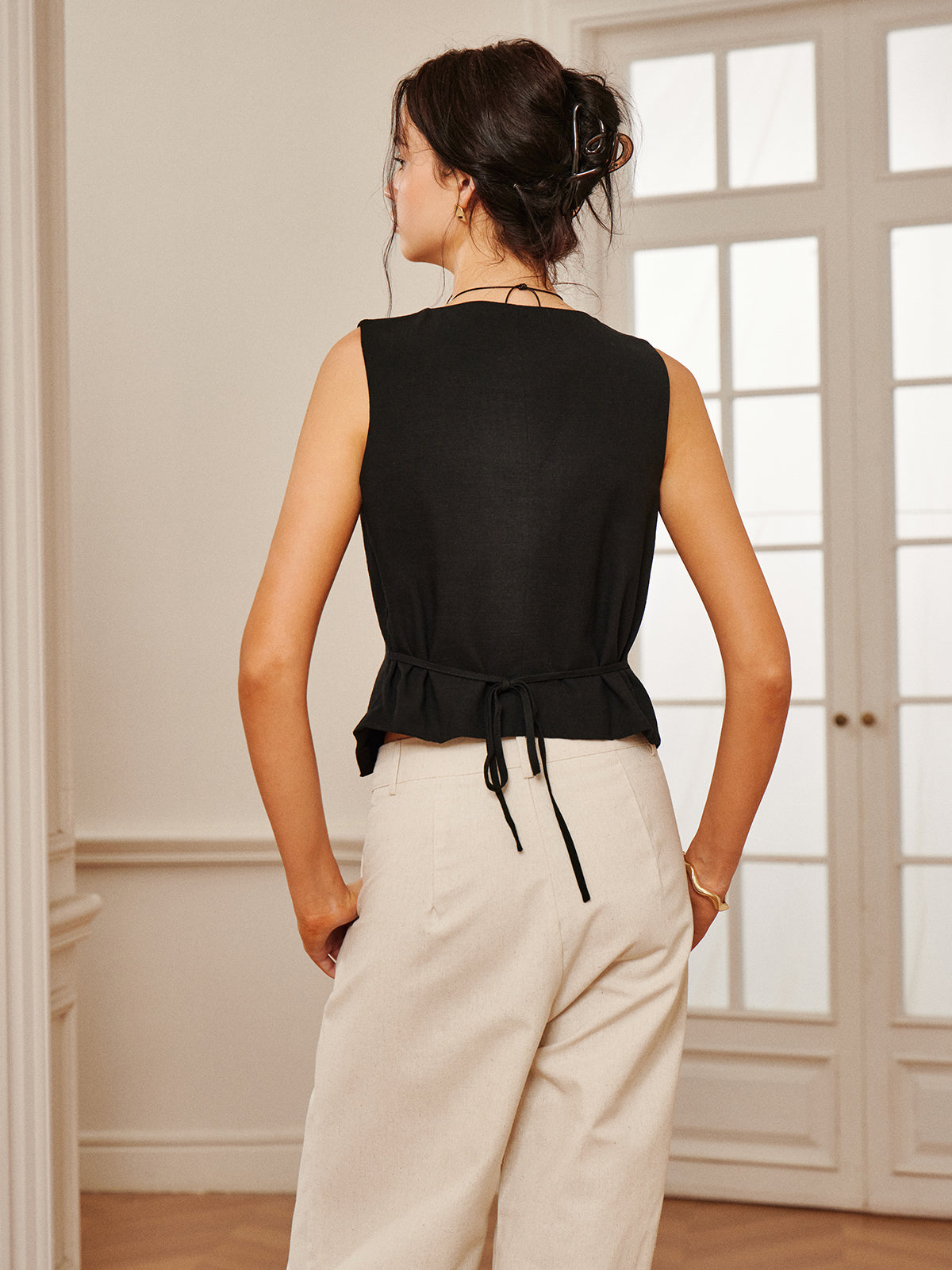 Cotton & Linen Vest with Lace-up Detail