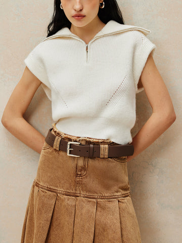Ribbed Collar Zip-Up Sweater Vest