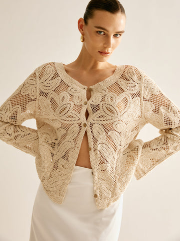 Hollow Buttoned Pleated Cardigan