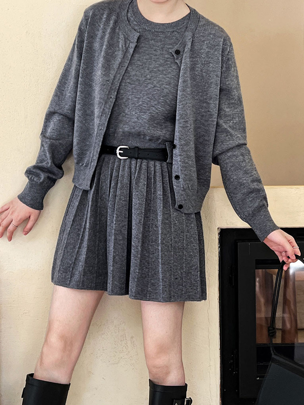 Eddy Bicycle Collar Pleated Belted Mini Skirt Set 