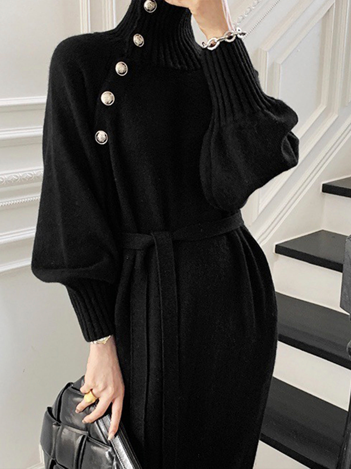 Balıkçı Yaka Düğmeli Kemerli Örme Maxi Elbise