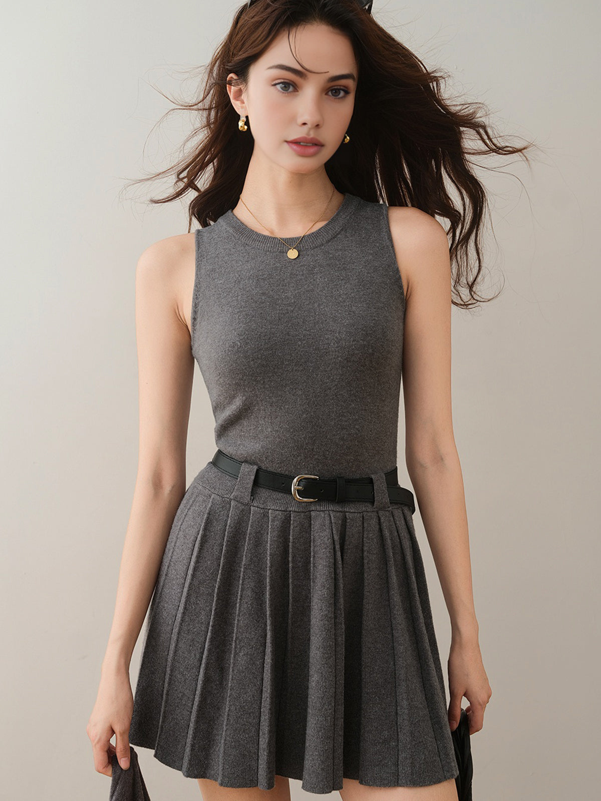 Eddy Bicycle Collar Pleated Belted Mini Skirt Set 