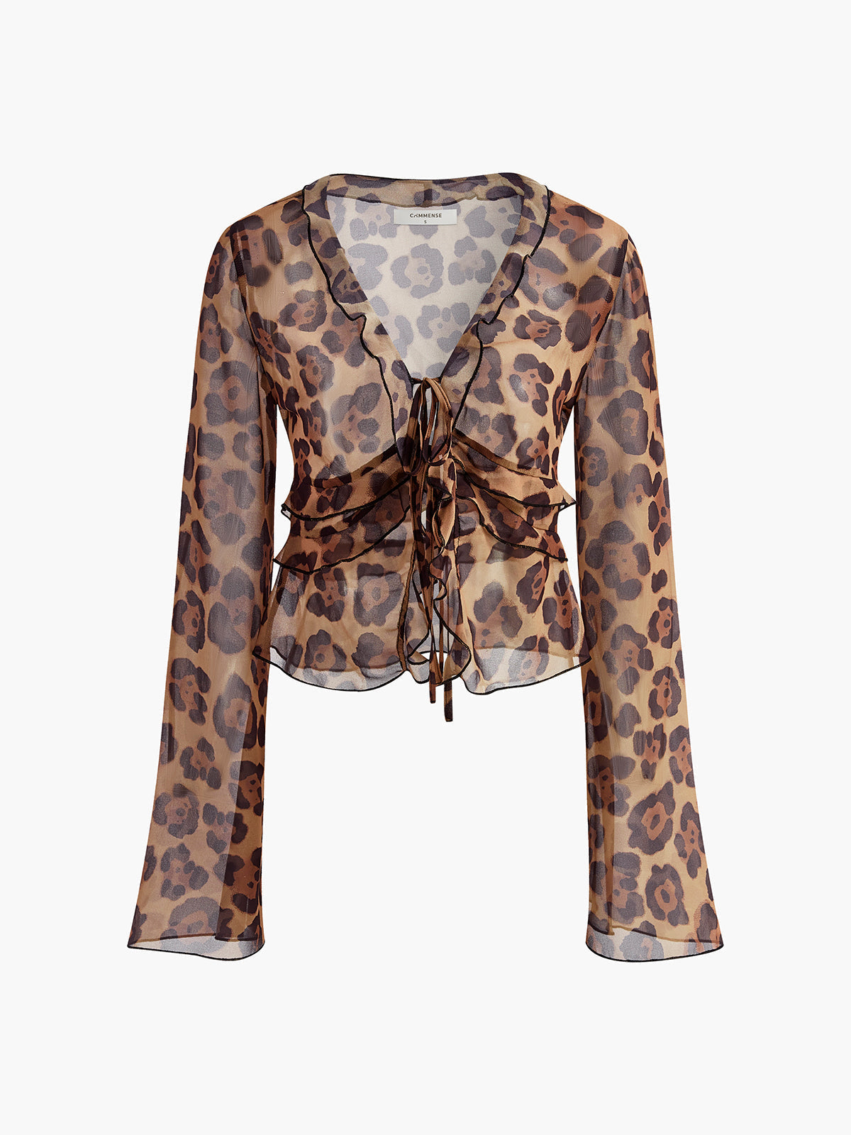 Bluse mit Leopardenmuster, halbtransparent, gerüscht und mit V-Ausschnitt