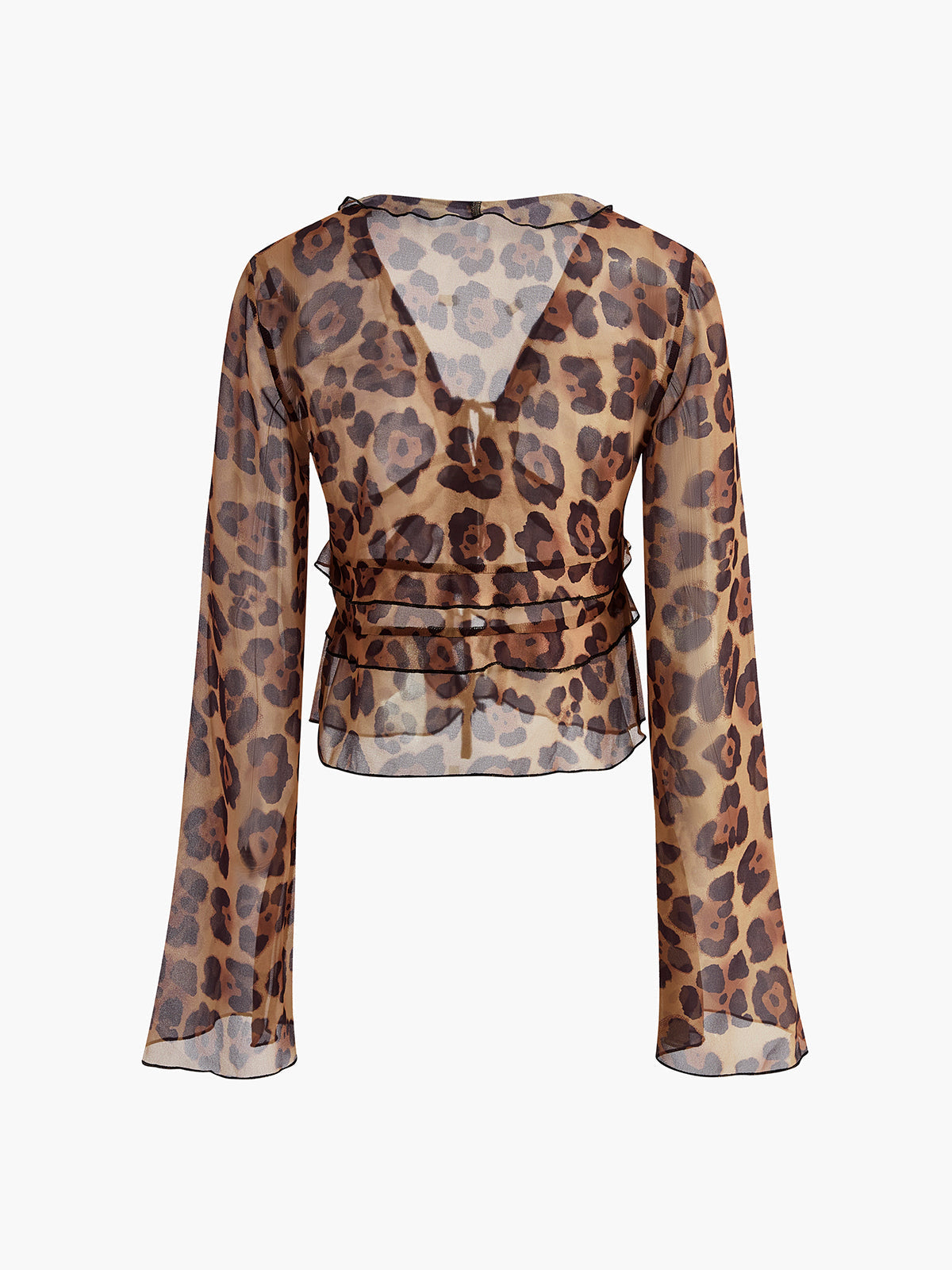 Bluse mit Leopardenmuster, halbtransparent, gerüscht und mit V-Ausschnitt