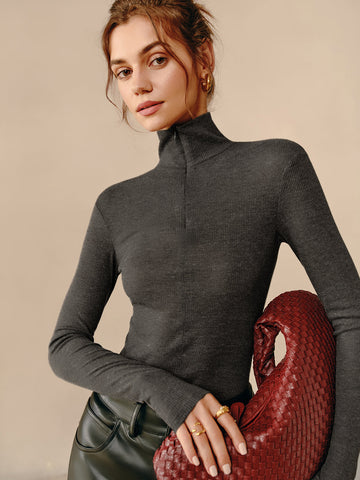 Turtleneck Ribbed Zip-Up Blouse