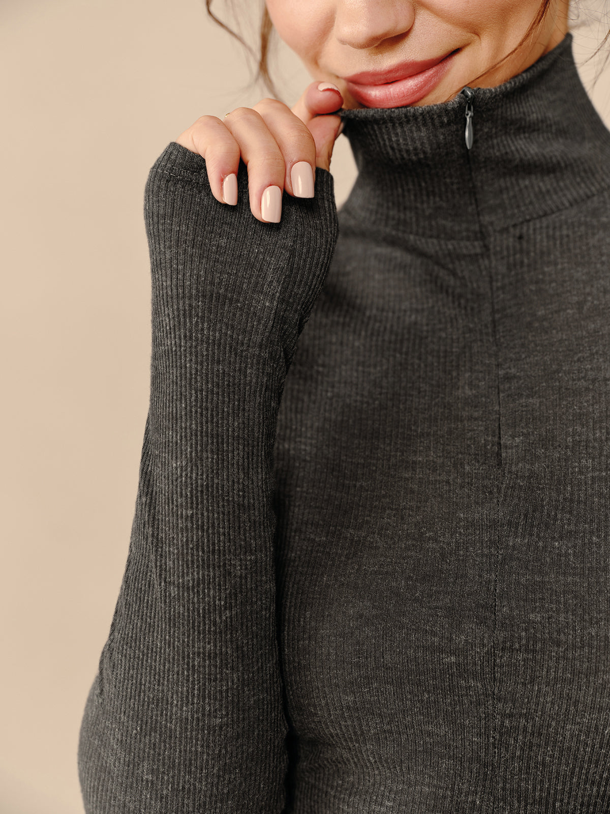 Turtleneck Ribbed Zip-Up Blouse