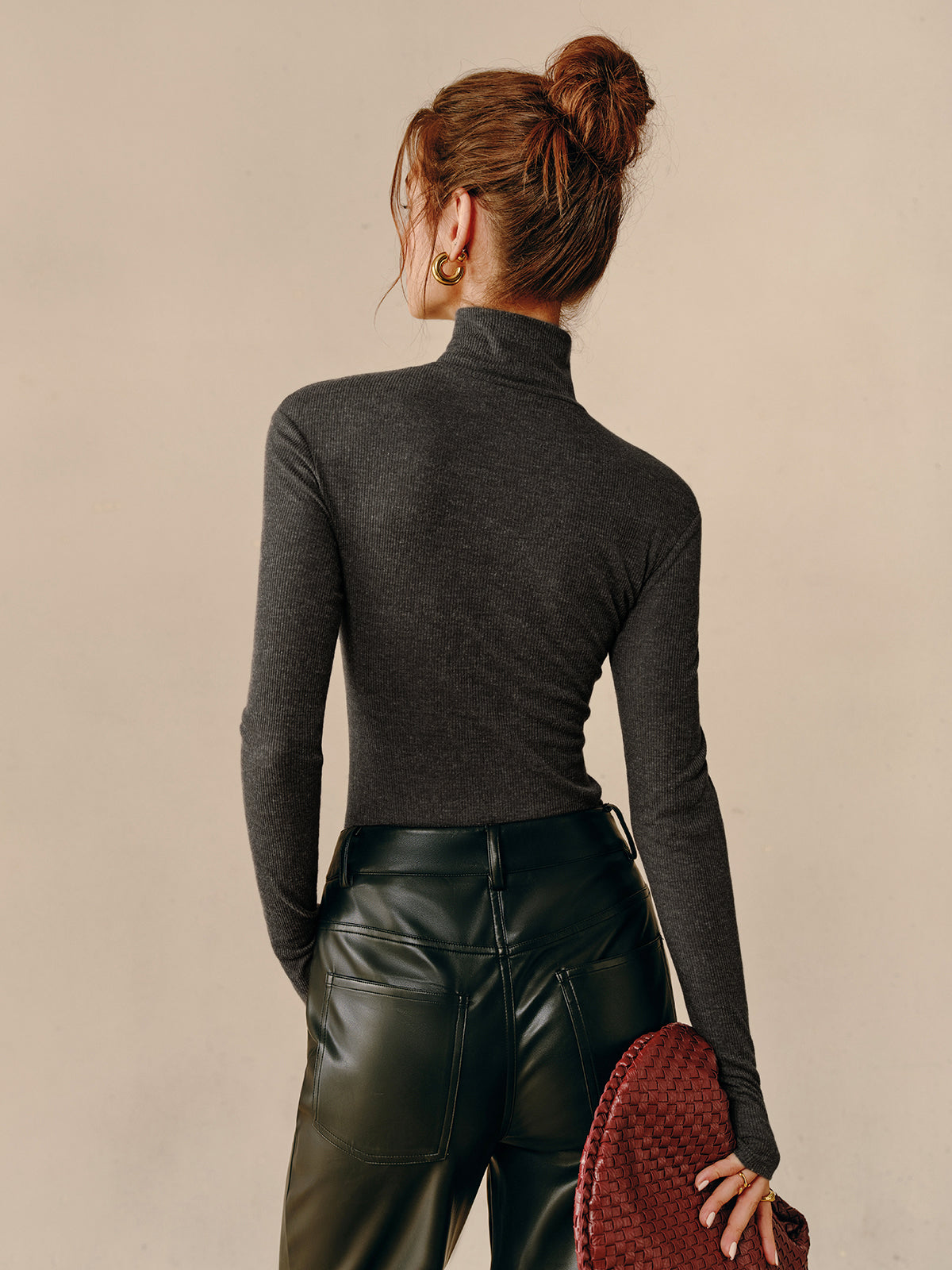 Turtleneck Ribbed Zip-Up Blouse